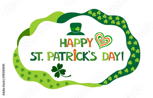 Happy St. Patrick's day. Holiday Greeting Card. Celebration green background with shamrock, leprechaun hat and place for your text.  Festive greeting card concept. vector illustration