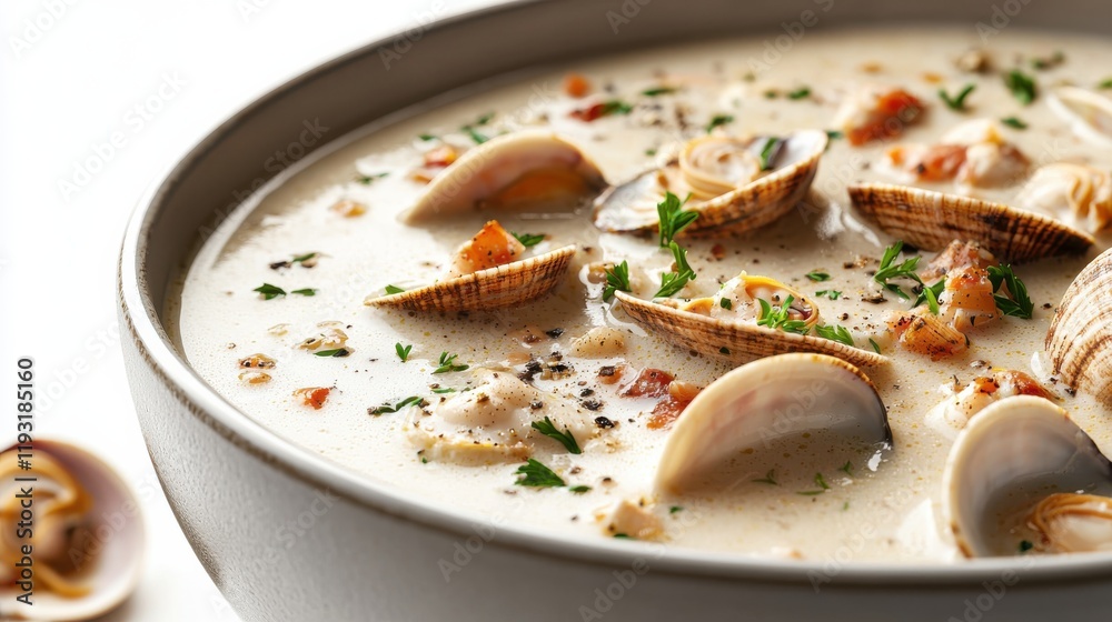 Delicious steamy clam chowder isolated on white background food culinary art close-up comfort food Delicious steamy clam chowder isolated on white background food culinary art close-up comfort food