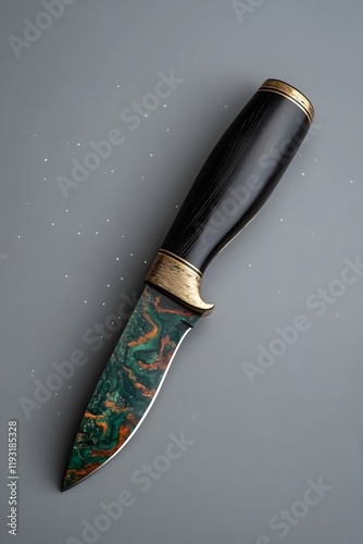 Elegant handcrafted knife with intricate handle design and unique blade patterns displayed on a gray surface photo