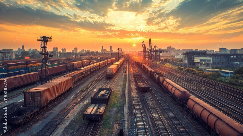 A busy rail freight terminal at dawn, with cranes unloading containers from trains onto trucks for distribution A busy rail freight terminal at dawn, with cranes unloading containers from trains onto trucks for distribution