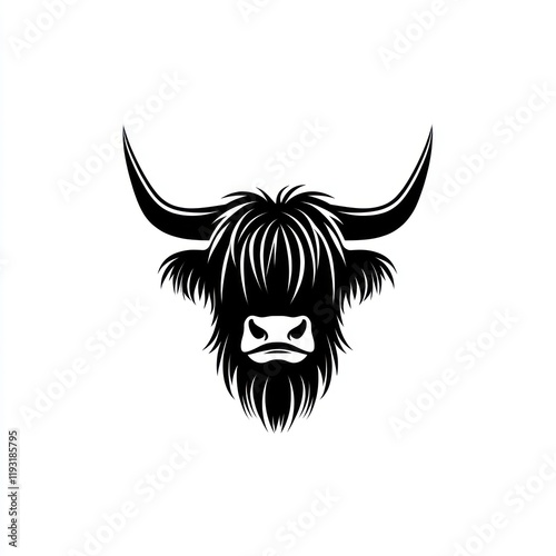 Highland cow head, black and white, illustration, isolated, logo design photo