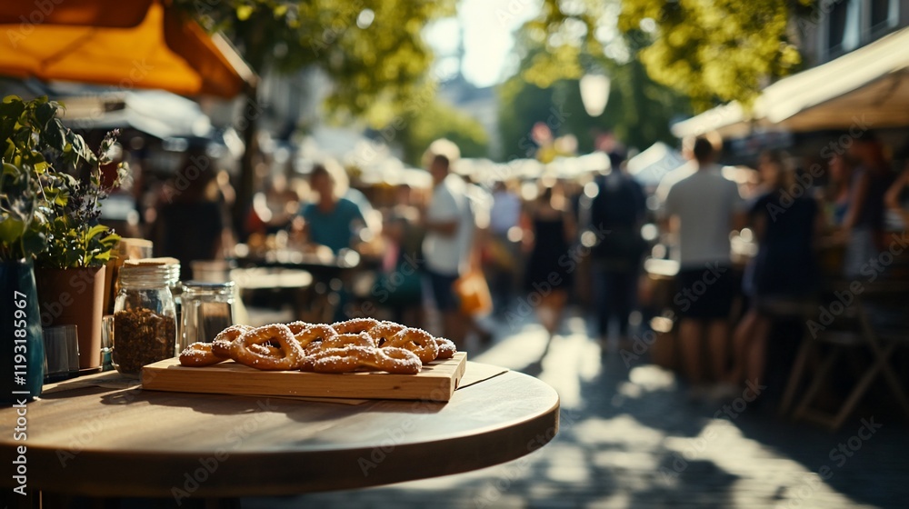 Fototapeta premium Outdoor cafe table with pretzels, blurred bustling market background.