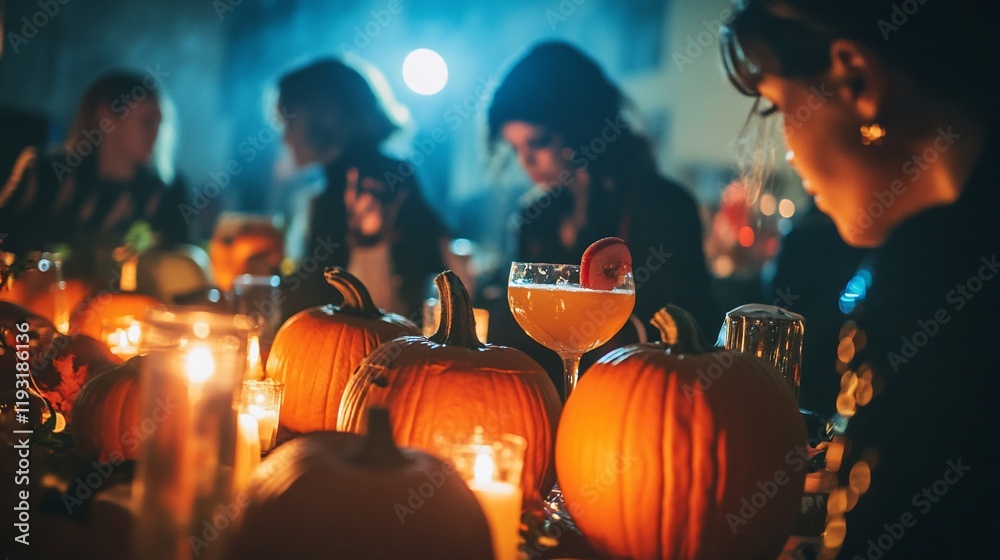 Fototapeta premium Halloween party with carved pumpkins, candles, and cocktails.