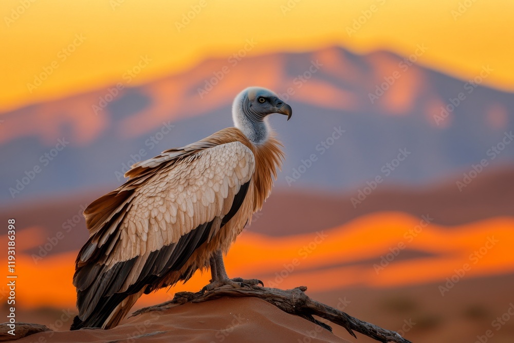 A vulture perched on a rocky ledge, with a vast desert landscape in the background and a dramatic sky above A vulture perched on a rocky ledge, with a vast desert landscape in the background and a dramatic sky above