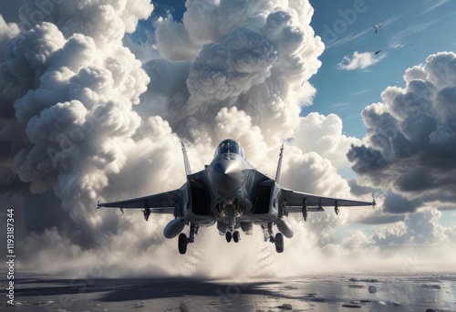 A high-speed jet fighter breaking through the base of a towering cumulus cloud, leaving a trail of condensed water vapor in its wake, condensation trail, jet fighter