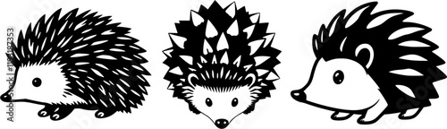 Set of three hedgehog icons in black and white. Simple line art illustrations with varying spines and styles isolated on white background for design projects, logos, stickers or coloring books