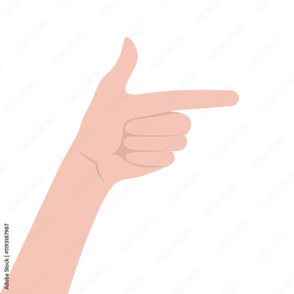 Human hand pointing with forefinger to the side, isolated on white background. Flat vector illustration