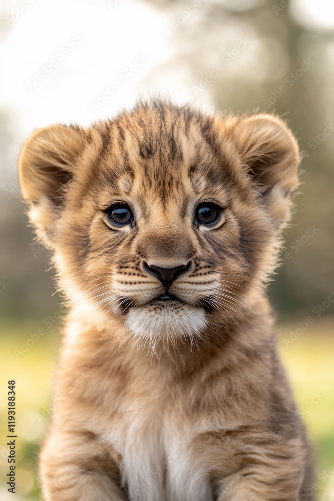 Fototapeta premium Adorable lion cub portrait, close-up, soft focus background.