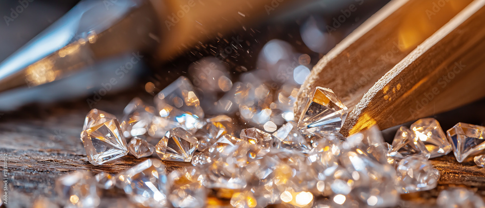 collection of sparkling diamonds scattered on wooden surface, illuminated by warm light, creating luxurious and elegant atmosphere