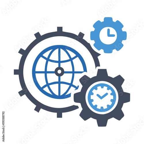 Globe with gears and clock symbolizing global efficiency