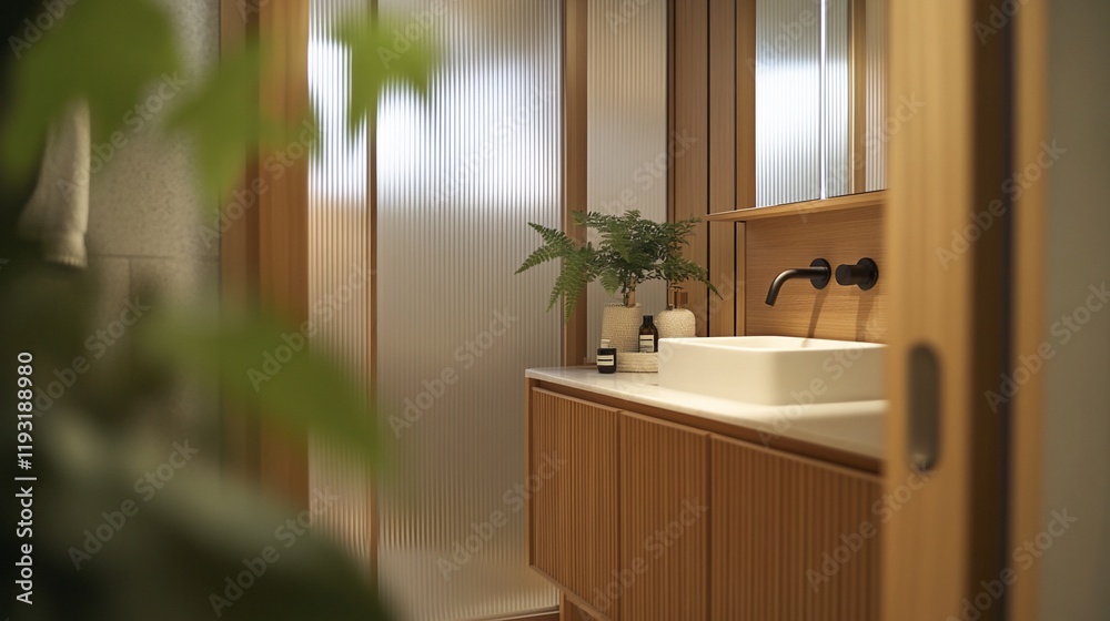 Fototapeta premium Modern minimalist bathroom with wooden vanity, plants, and frosted glass door.