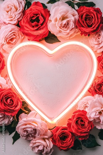 A glowing neon heart surrounded by vibrant pink and red roses, creating a romantic and inviting atmosphere.