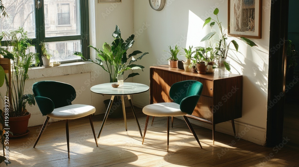 Obraz premium Sunlit living room with plants, chairs, and mid-century cabinet.