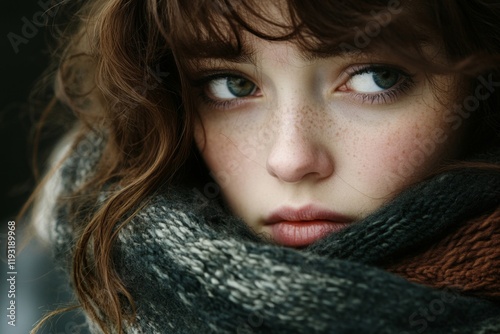 A woman sitting in a shelter, hugging her knees tightly with fear and worry evident on her face