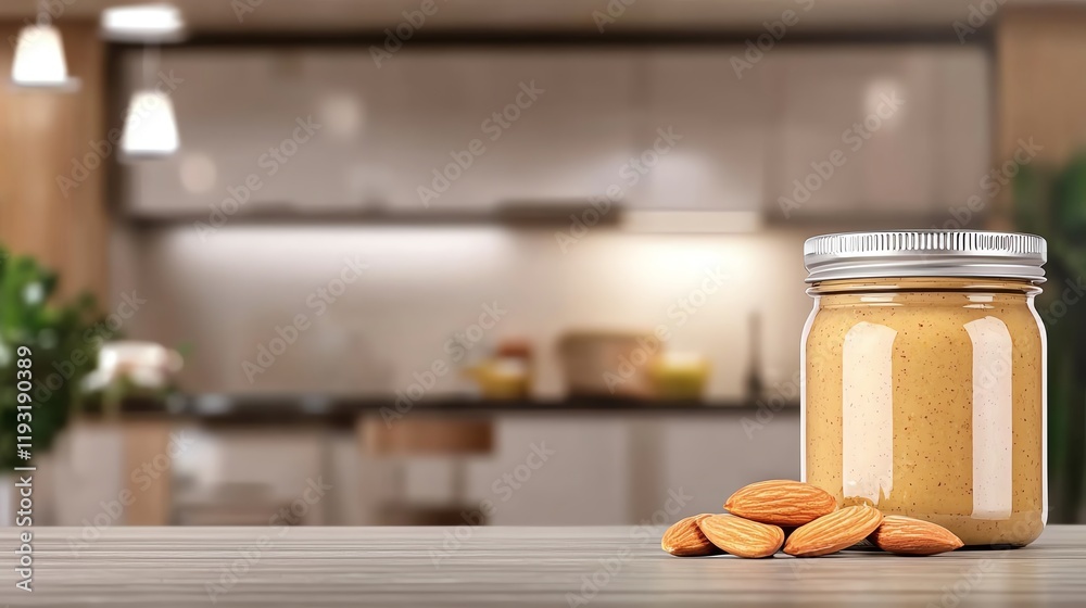 A jar of almond butter with almonds on a wooden surface in a modern kitchen setting. A jar of almond butter with almonds on a wooden surface in a modern kitchen setting.