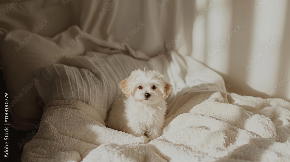 Fluffy white puppy sits on a bed with soft blankets, bathed in sunlight. Fluffy white puppy sits on a bed with soft blankets, bathed in sunlight.