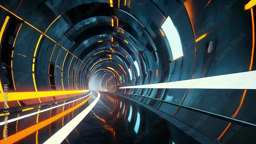 Futuristic tunnel with glowing lights and reflective surfaces