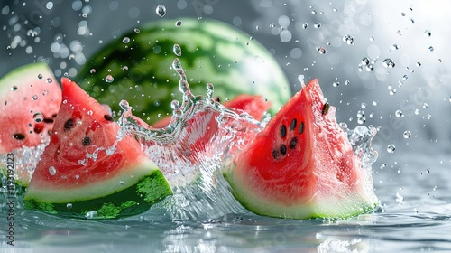 a succulent watermelon splashing into water, with a nearby watermelon slice on a white background