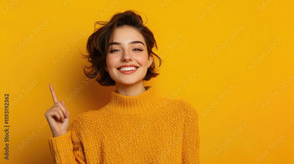 Obraz premium Portrait of a happy young woman pointing finger away at copy space isolated over yellow background