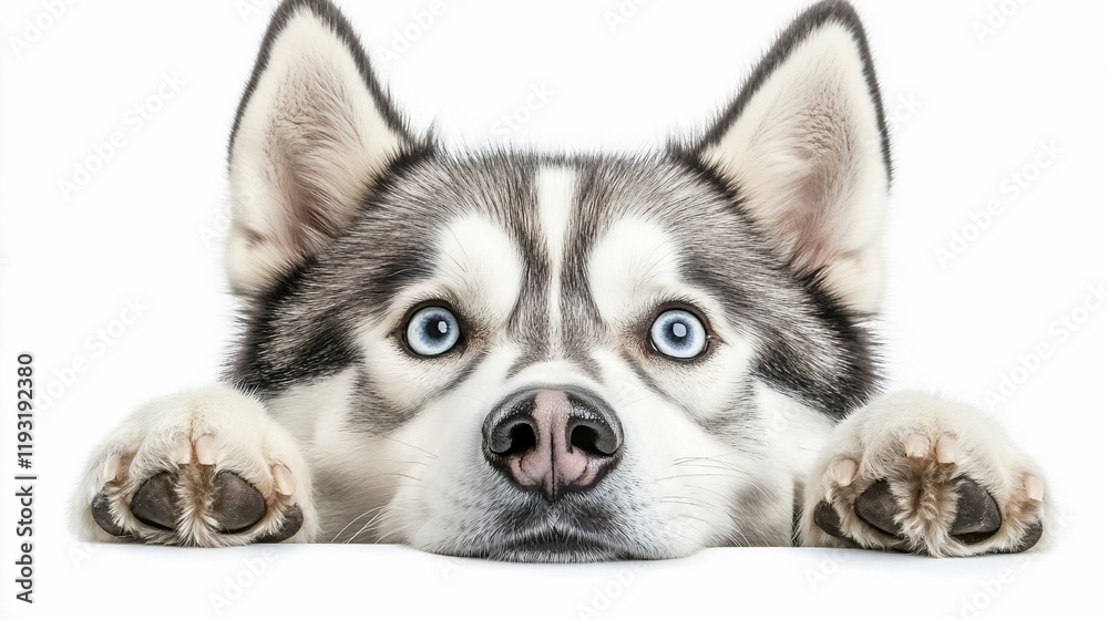 Close-up of a Siberian Husky's face, paws resting on a white surface, looking directly at the camera with bright blue eyes. Close-up of a Siberian Husky's face, paws resting on a white surface, looking directly at the camera with bright blue eyes.