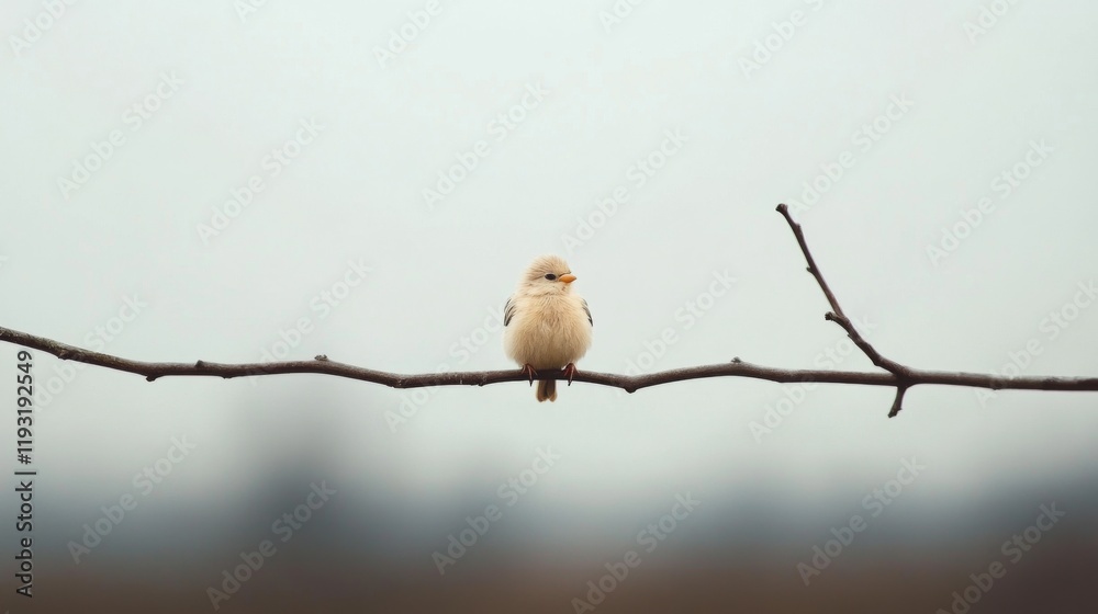 Fototapeta premium Small bird perched on a bare branch against a muted background.