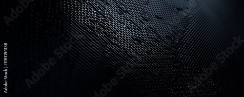 Hexagonal dark grey element on a black background, presented as a 3d illustrationDark grey hexagon against a black backdrop in 3d rendering formatA 3d illustration featuring a dark grey hexagon with
