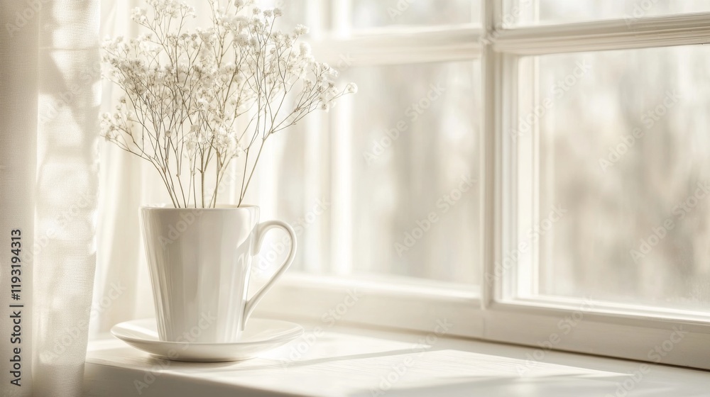 Sunlit windowsill with white cup and flowers.