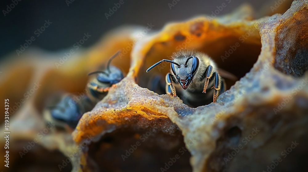 Close-up of three bees emerging from honeycomb cells. Close-up of three bees emerging from honeycomb cells.