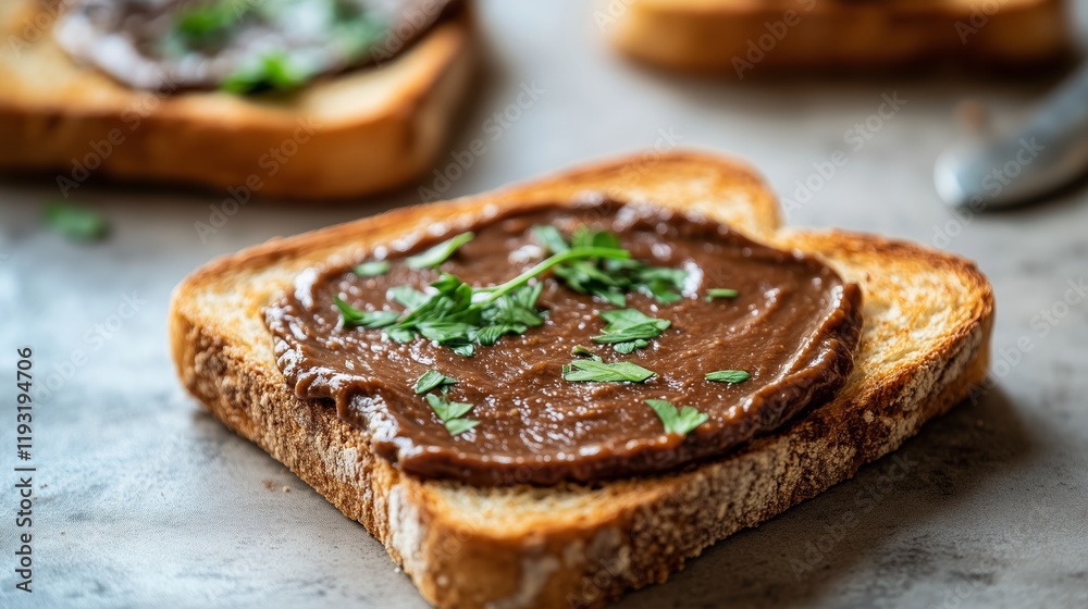 A delicious slice of Vegemite on perfectly toasted bread, garnished with fresh herbs. A delicious slice of Vegemite on perfectly toasted bread, garnished with fresh herbs.