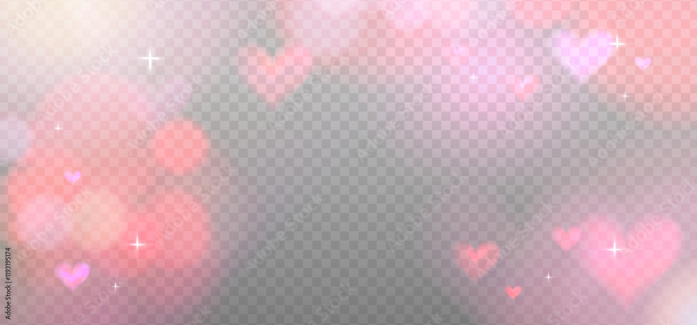 Abstract pink refraction glow and heart bokeh effect. Romantic crystal light leak flare reflection effect. Transparent Valentine s day refraction background. Vector overlay