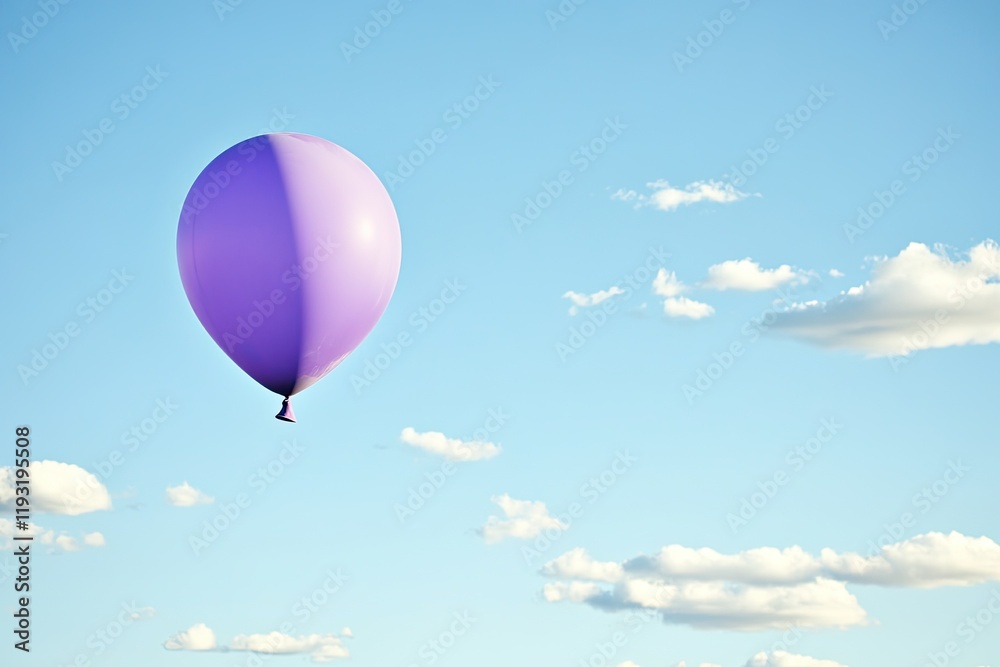 Fototapeta premium symbolic depiction of purple balloon floating against clear sky with scattered clouds