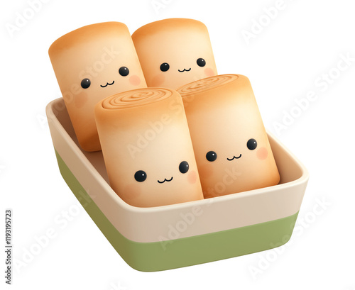 Cute cartoon spring rolls with smiling faces in dish, isolated on transparency background, showcasing playful and adorable design. Perfect for food themed illustrations or children content photo