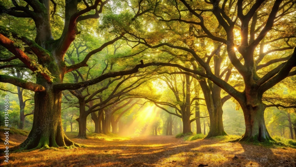 Golden sunlight streams through ancient trees in a serene forest path Golden sunlight streams through ancient trees in a serene forest path