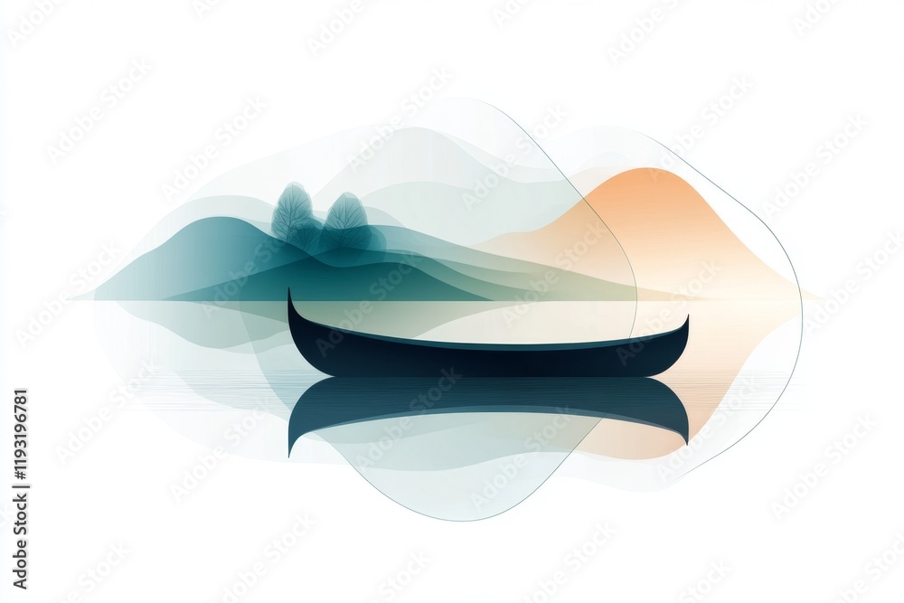 A flat 2D illustration of a gondola on a canal, with clean lines and muted tones of blue and green on a white background A flat 2D illustration of a gondola on a canal, with clean lines and muted tones of blue and green on a white background