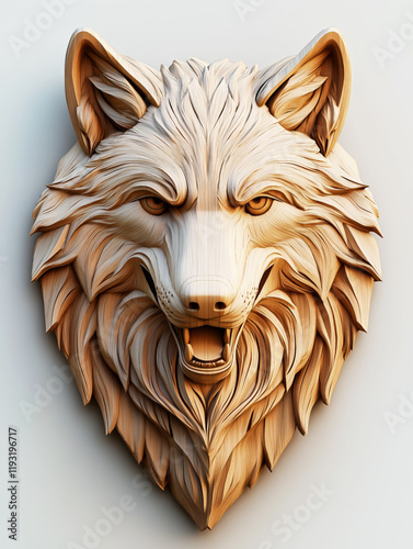 Beautiful wood carving sculpture of a wolf head on a white background. photo