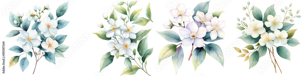 Fototapeta premium Soft Pastel Jasmine Flower Bouquets with Green Leaves for Elegant Decor and Stylish Floral Arrangements in Low Resolution