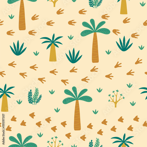 Seamless pattern with palm trees, plants and dinosaur footprints. Template for print, fabric, wallpaper, wrapping paper