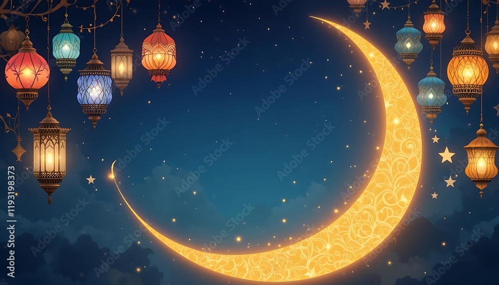Fototapeta premium Glowing Crescent Moon Ramadan Lanterns Night Sky