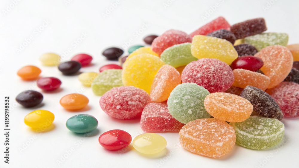 A bowl overflowing with colorful, gelatinous candies, a sweet and delicious treat, On white background A bowl overflowing with colorful, gelatinous candies, a sweet and delicious treat, On white background