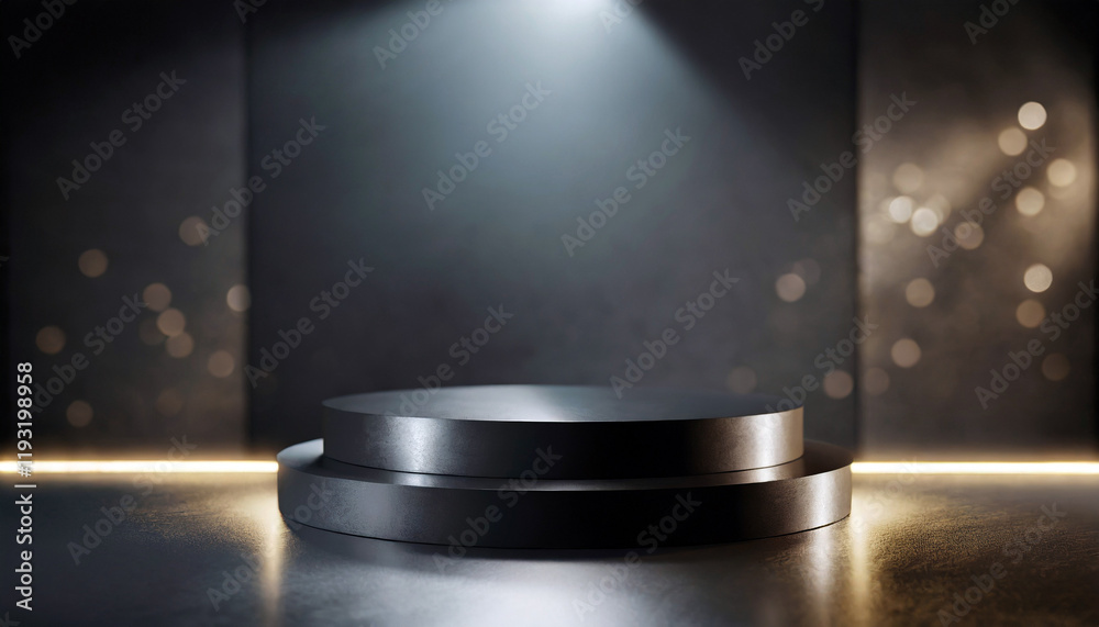 Obraz premium Futuristic dark metallic podium platform with light with a circular shape and illuminated ring for production replacement
