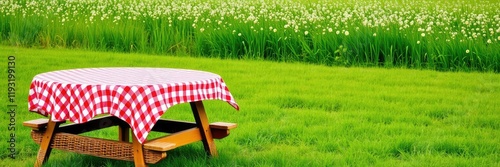 A wicker picnic table covered with a red and white checkered tablecloth in the middle of a lush green meadow, grassyland, redandwhitecheckers photo