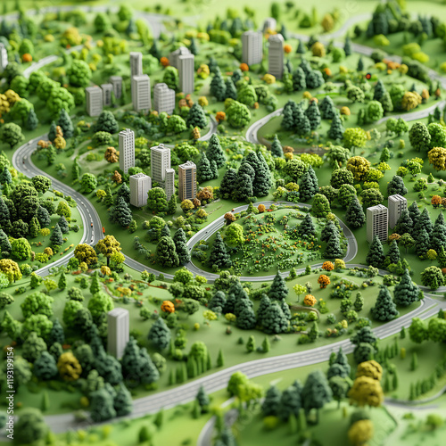 Detailed miniature landscape with winding roads and urban buildings displayed in vibrant greenery photo