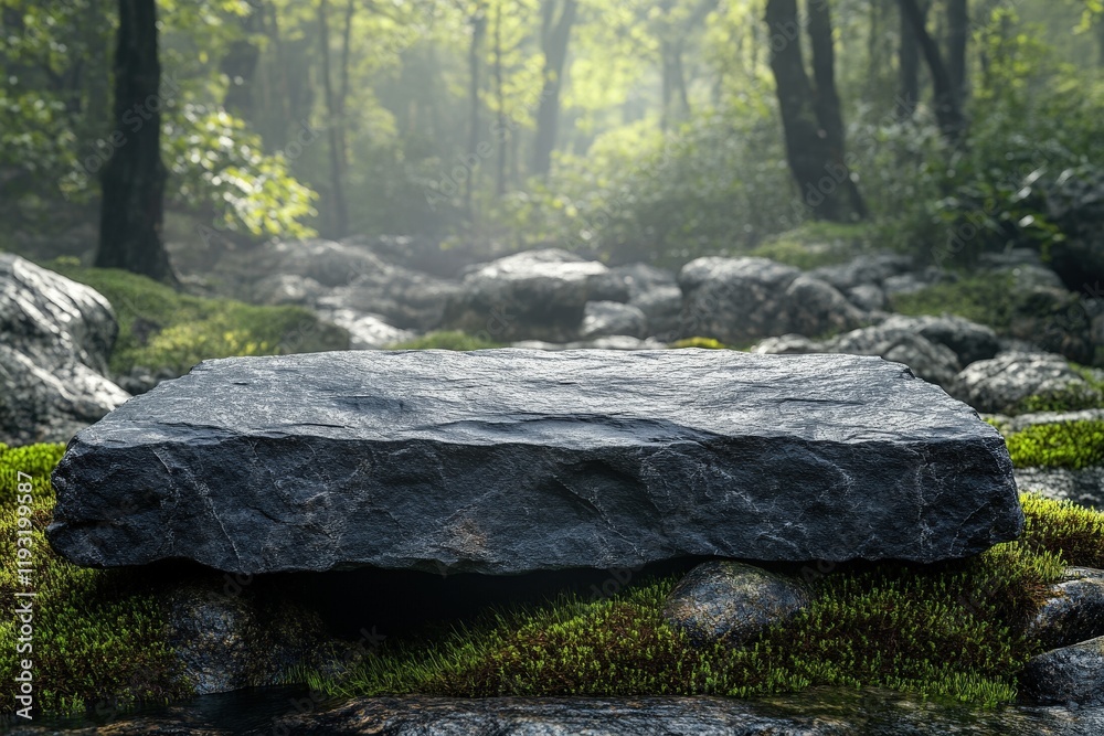 Flat Stone Podium on Rock Platform Surrounded by Lush Forest and Soft Morning Light in a Serene Natural Setting Flat Stone Podium on Rock Platform Surrounded by Lush Forest and Soft Morning Light in a Serene Natural Setting