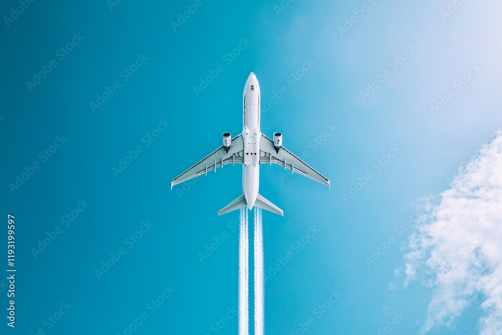 Fototapeta premium Plane soaring high, leaving a white trail
