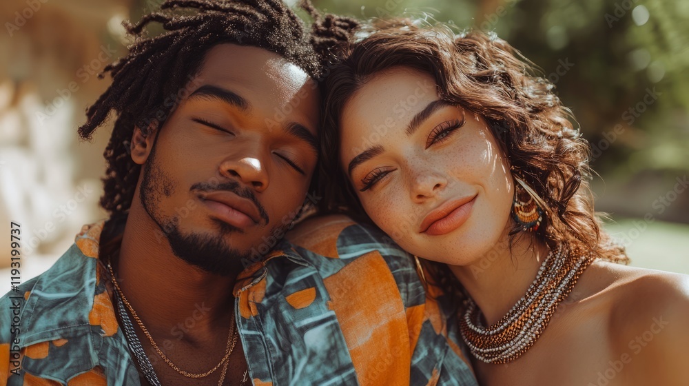 Obraz premium Two smiling people enjoy a happy moment in a colorful setting