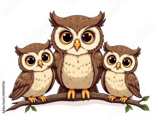 Adorable Cartoon Owl Family Perched on Branch Cute Bird Trio Illustration