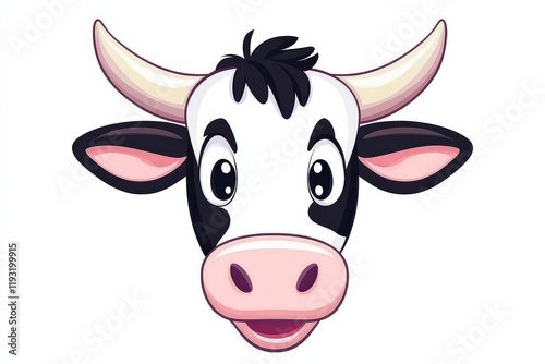 Cute cartoon cow face with happy expression, perfect for children's projects, illustrations, and educational materials.