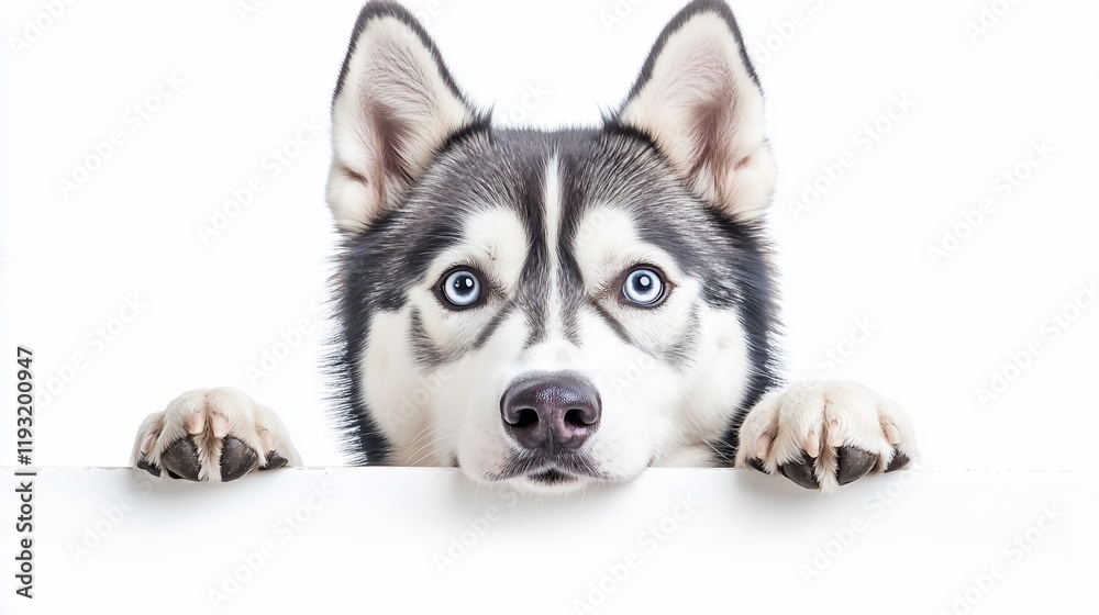 Adorable Siberian Husky dog with blue eyes peeking over white banner. Adorable Siberian Husky dog with blue eyes peeking over white banner.