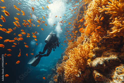 Plongée sous-marine avec jardins de corail et bancs de poissons photo