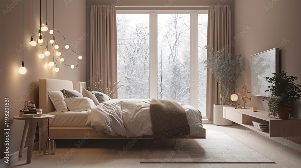 Fototapeta premium Cozy Minimalist Bedroom Interior Design with Snow View String Lights and Wooden Bed